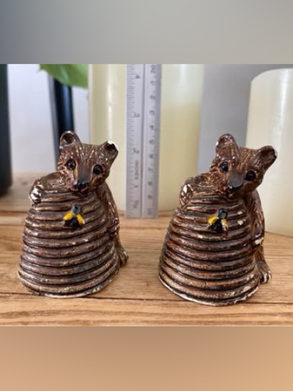 Vintage Bear with Beehive Salt Pepper Shakers Ceramic Bumblebee Honey Pot